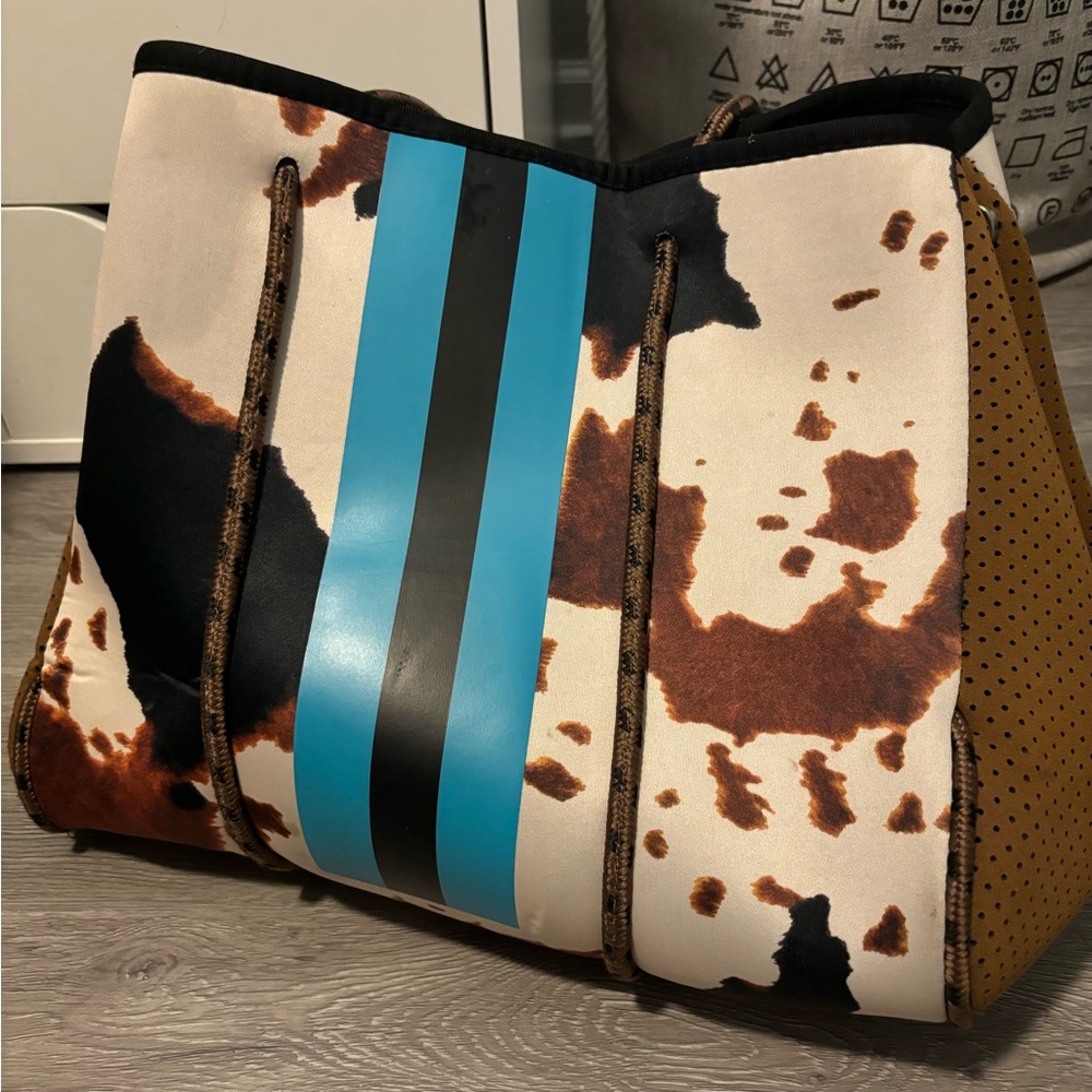 Neoprene Cow Print with Blue Stripes and Mini Purse